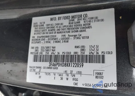 2019 Ford Fusion Se from USA, damaged, VIN 3FA6P0HD8KR122059